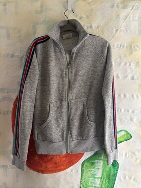 Vintage 70s Gray Zip-Up Track Jacket with Striped Sleeves